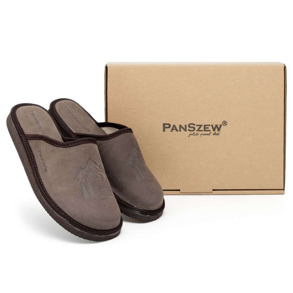 Kapcie Męskie Skórzane WILDLINE Mocha Tłoczone Góry | PanSzew®