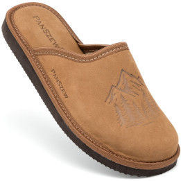 Kapcie Męskie Skórzane WILDLINE Camel Tłoczone Góry | PanSzew®
