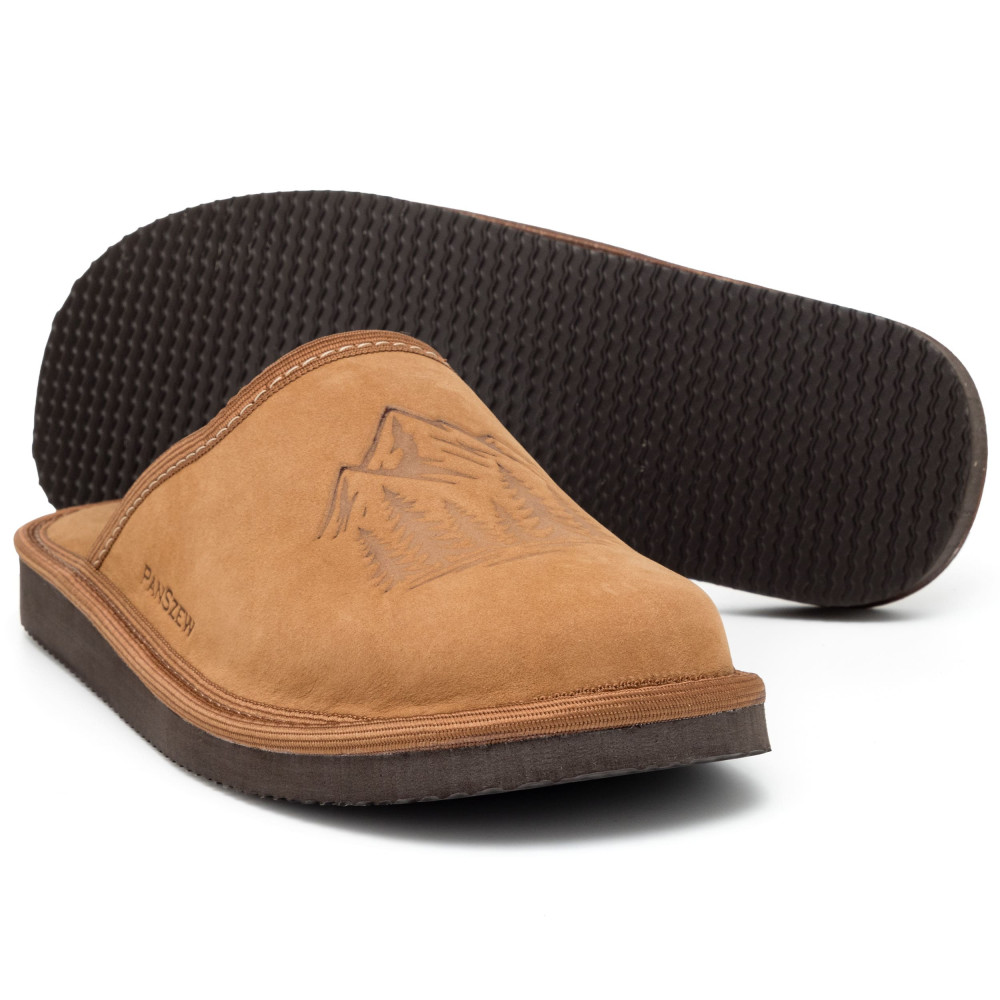 Kapcie Męskie Skórzane WILDLINE Camel Tłoczone Góry | PanSzew®