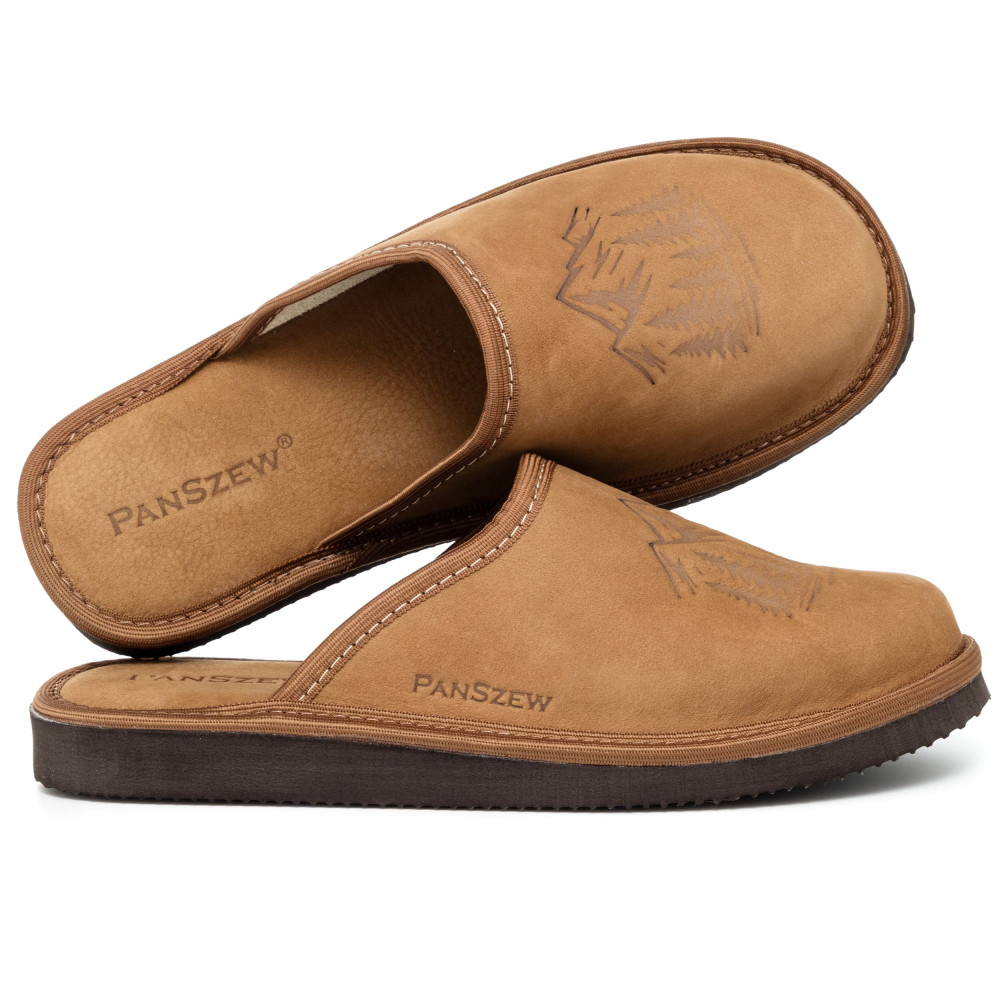 Kapcie Męskie Skórzane WILDLINE Camel Tłoczone Góry | PanSzew®
