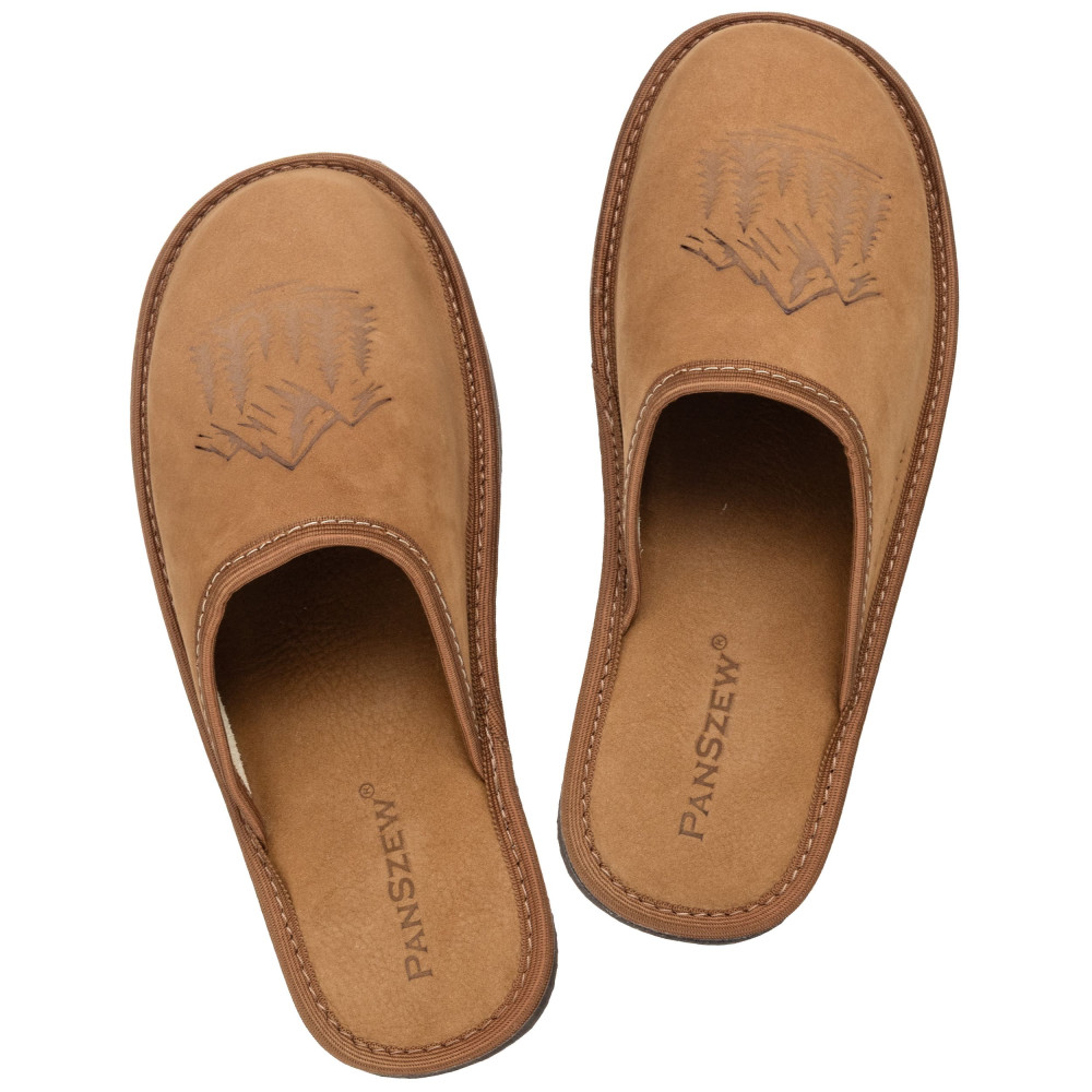 Kapcie Męskie Skórzane WILDLINE Camel Tłoczone Góry | PanSzew®