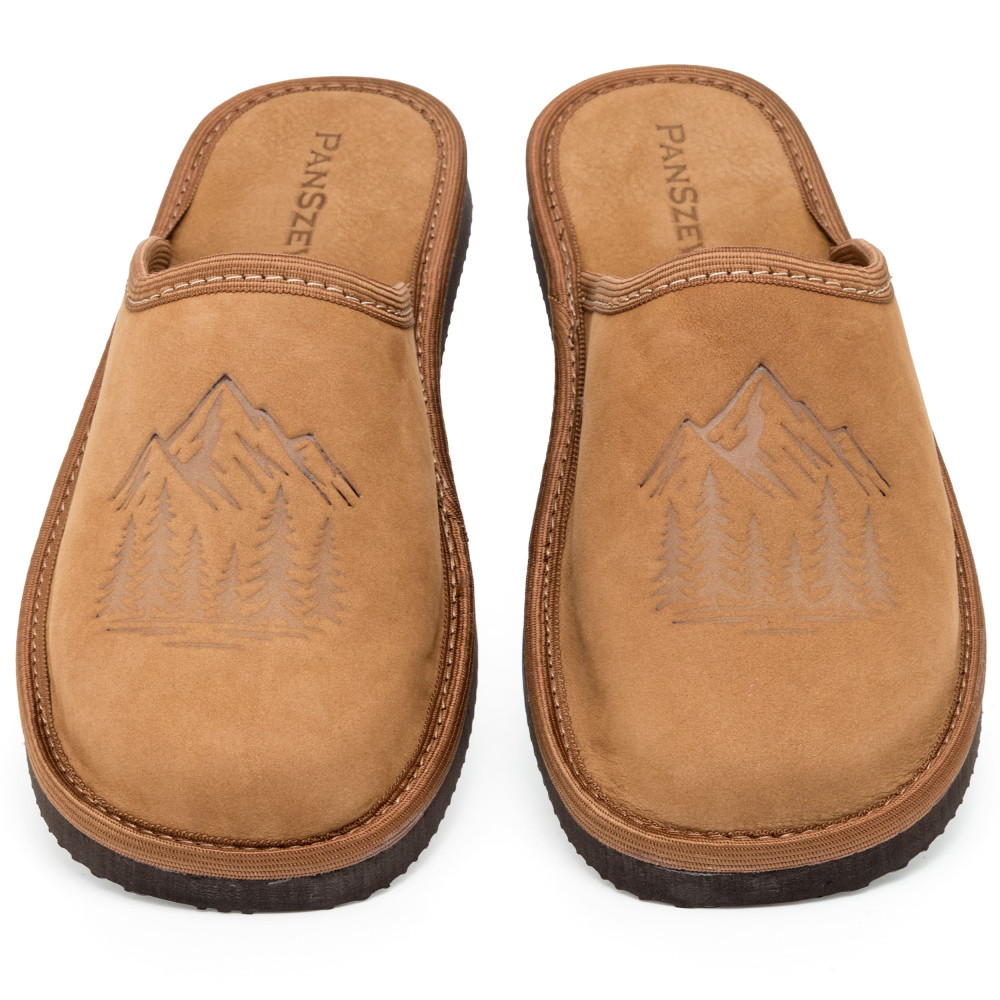 Kapcie Męskie Skórzane WILDLINE Camel Tłoczone Góry | PanSzew®