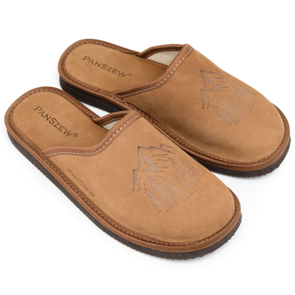 Kapcie Męskie Skórzane WILDLINE Camel Tłoczone Góry | PanSzew®