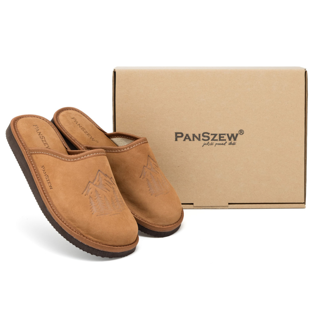Kapcie Męskie Skórzane WILDLINE Camel Tłoczone Góry | PanSzew®