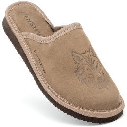 Kapcie Damskie Skórzane WILDLINE Taupe Tłoczony Wilk | PanSzew®