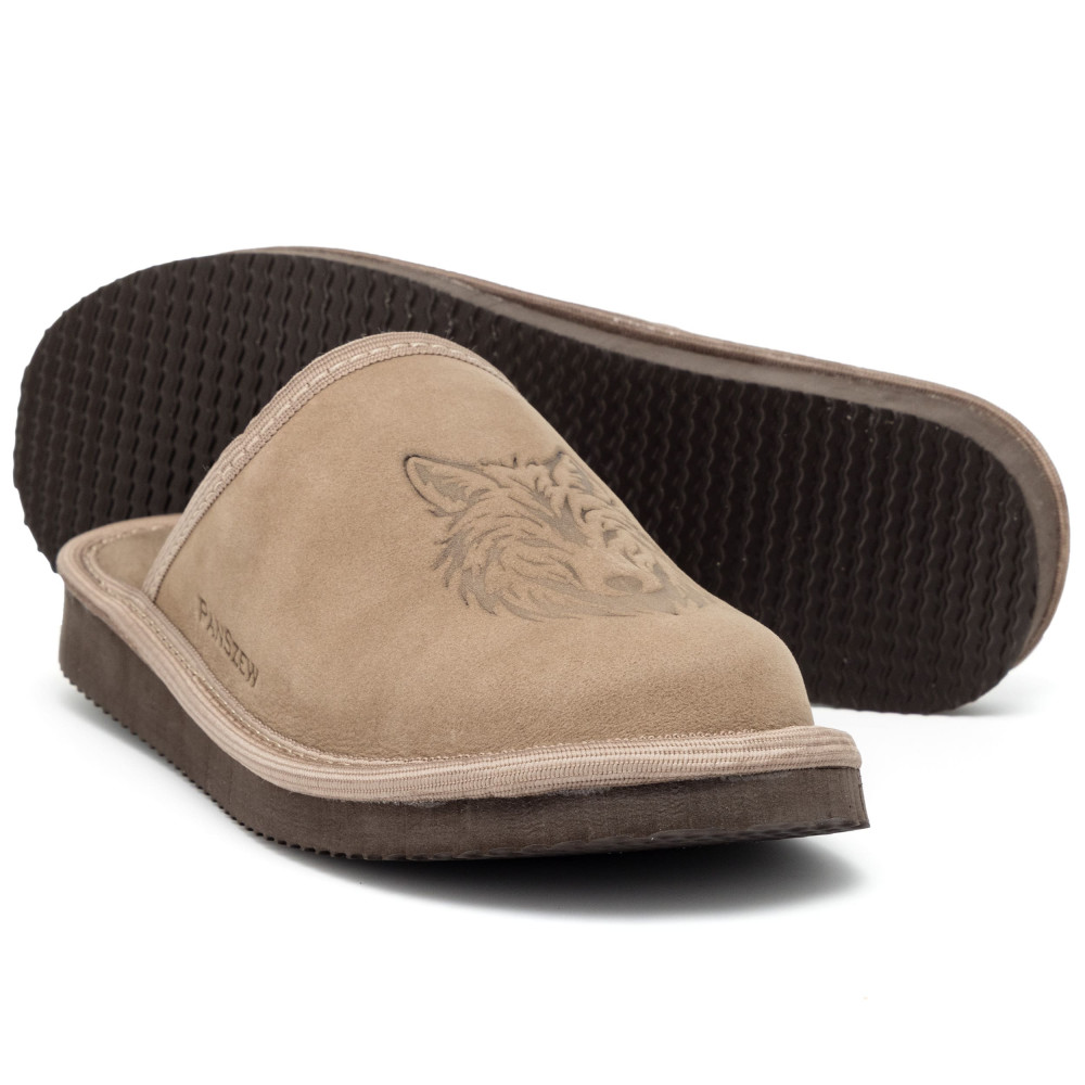 Kapcie Damskie Skórzane WILDLINE Taupe Tłoczony Wilk | PanSzew®