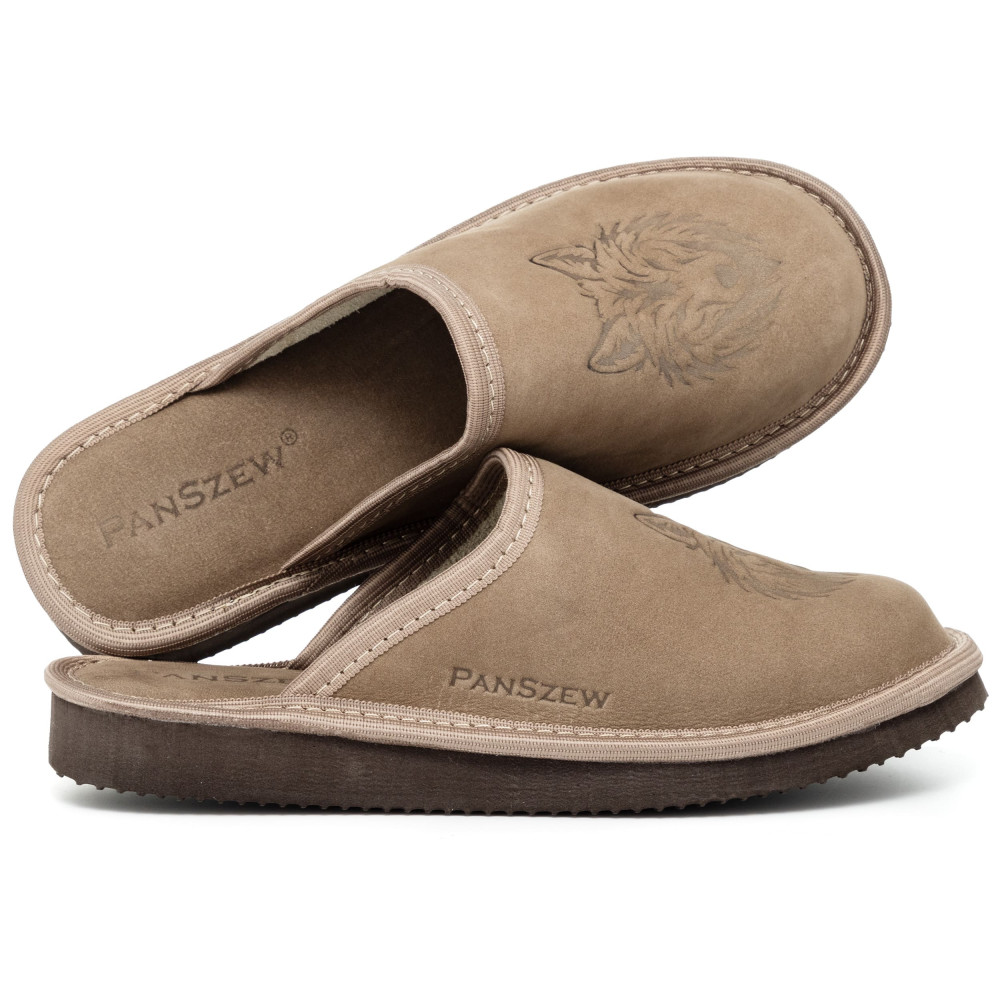 Kapcie Damskie Skórzane WILDLINE Taupe Tłoczony Wilk | PanSzew®