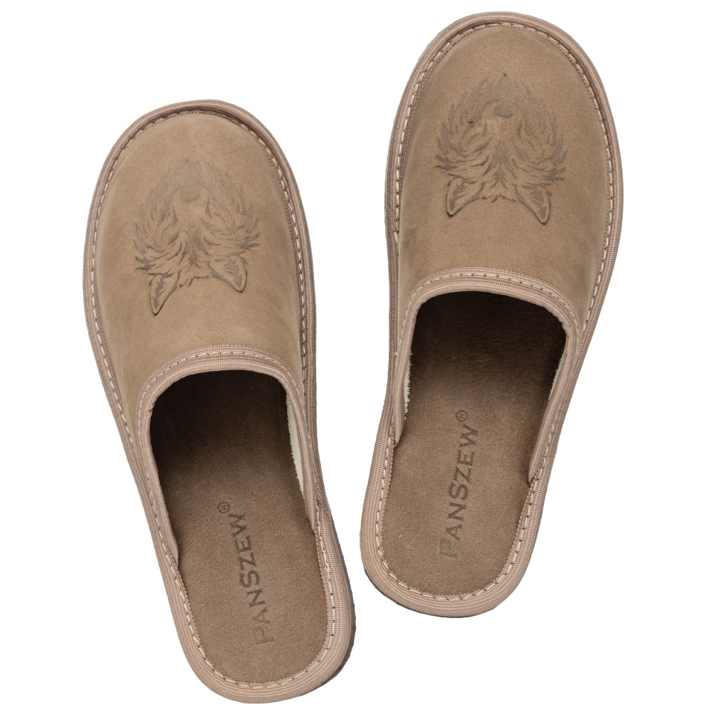 Kapcie Damskie Skórzane WILDLINE Taupe Tłoczony Wilk | PanSzew®