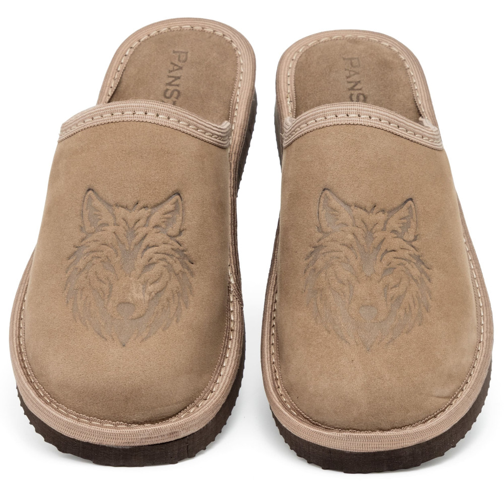 Kapcie Damskie Skórzane WILDLINE Taupe Tłoczony Wilk | PanSzew®