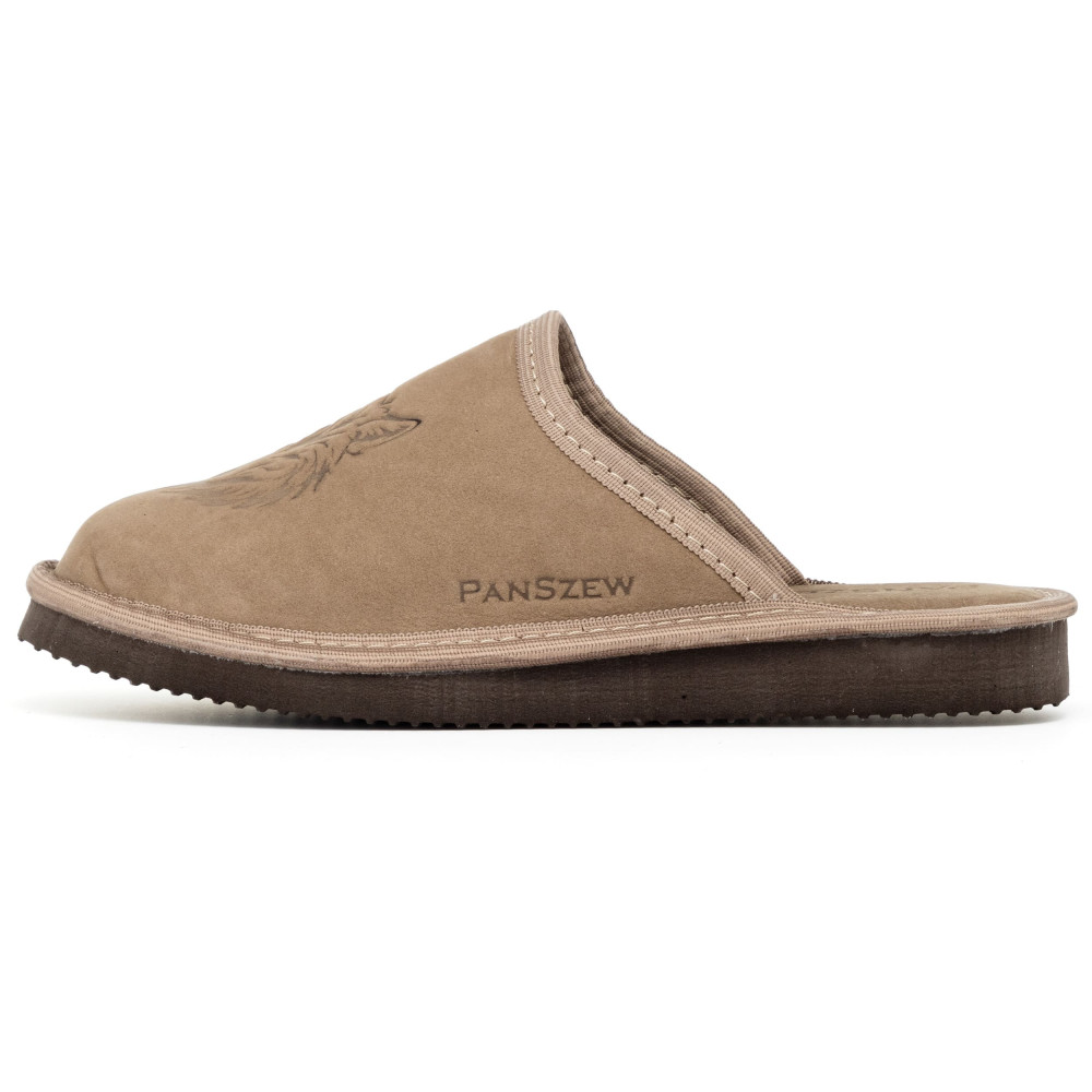 Kapcie Damskie Skórzane WILDLINE Taupe Tłoczony Wilk | PanSzew®