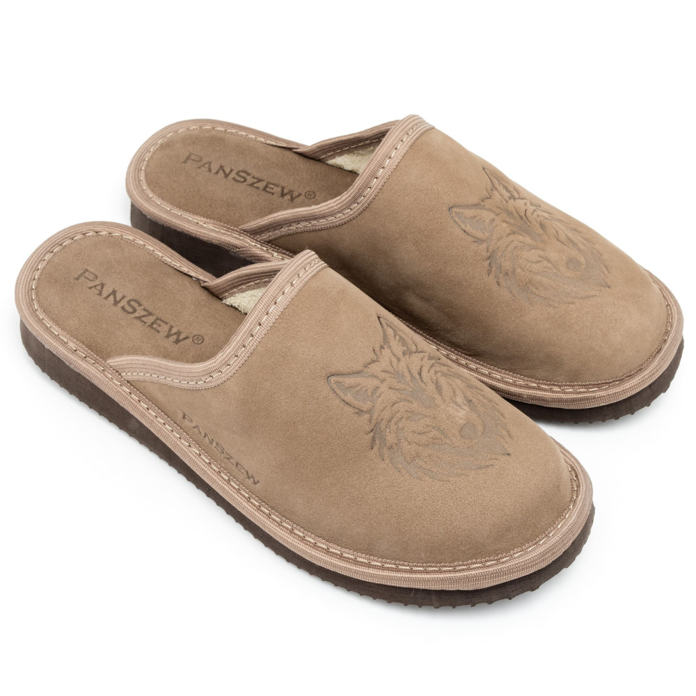 Kapcie Damskie Skórzane WILDLINE Taupe Tłoczony Wilk | PanSzew®