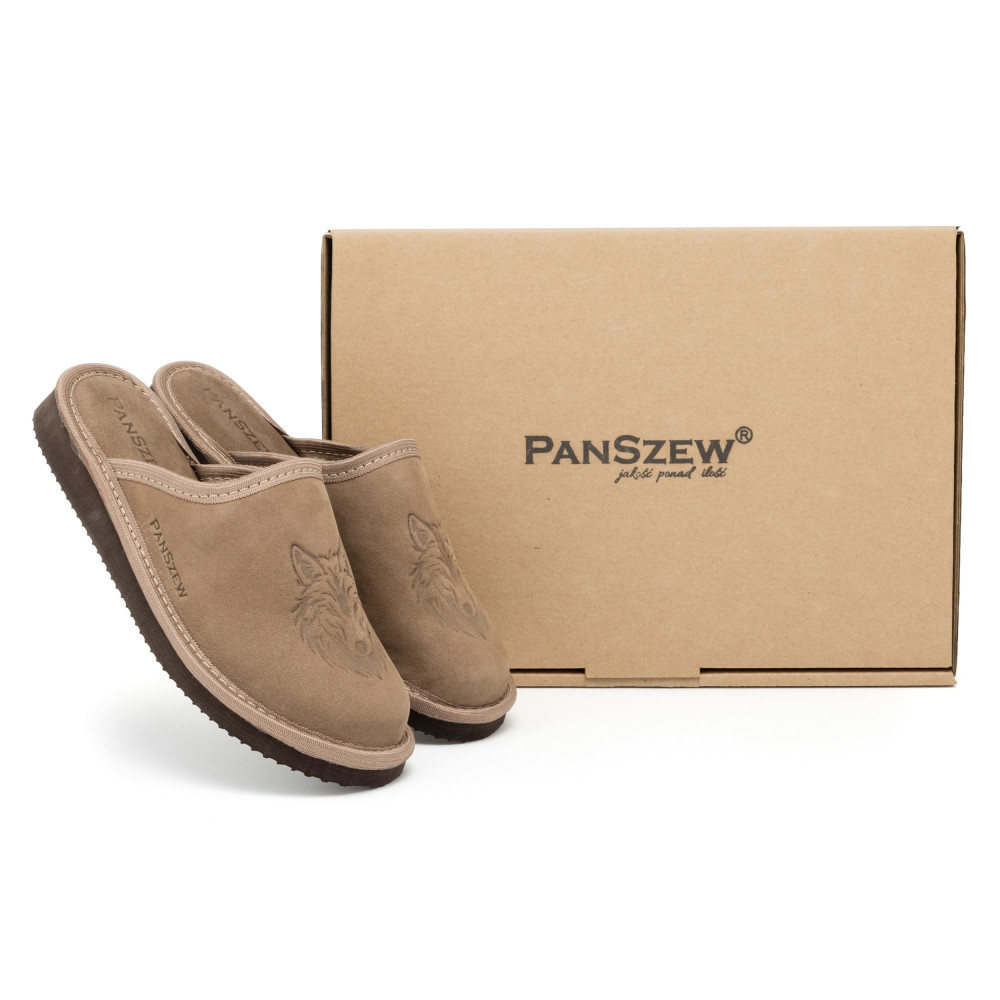 Kapcie Damskie Skórzane WILDLINE Taupe Tłoczony Wilk | PanSzew®