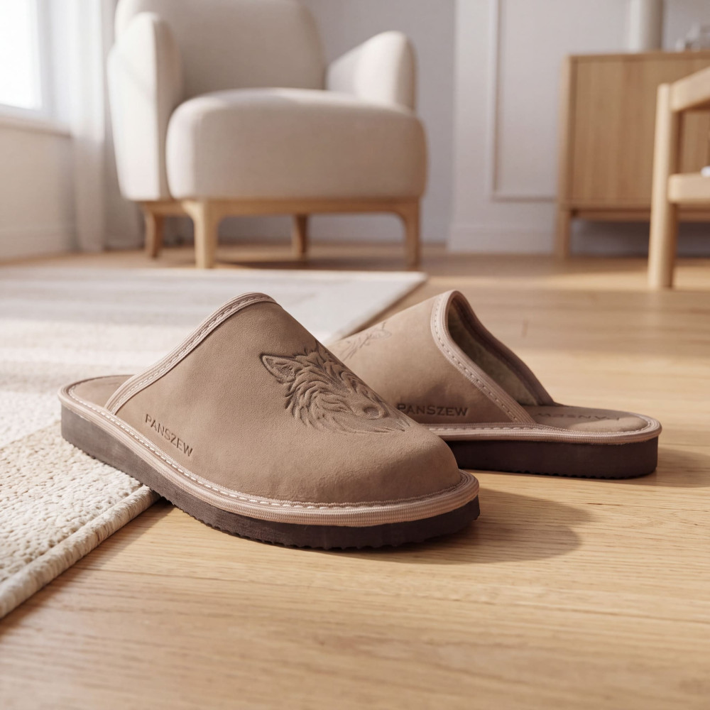 Kapcie Damskie Skórzane WILDLINE Taupe Tłoczony Wilk | PanSzew®