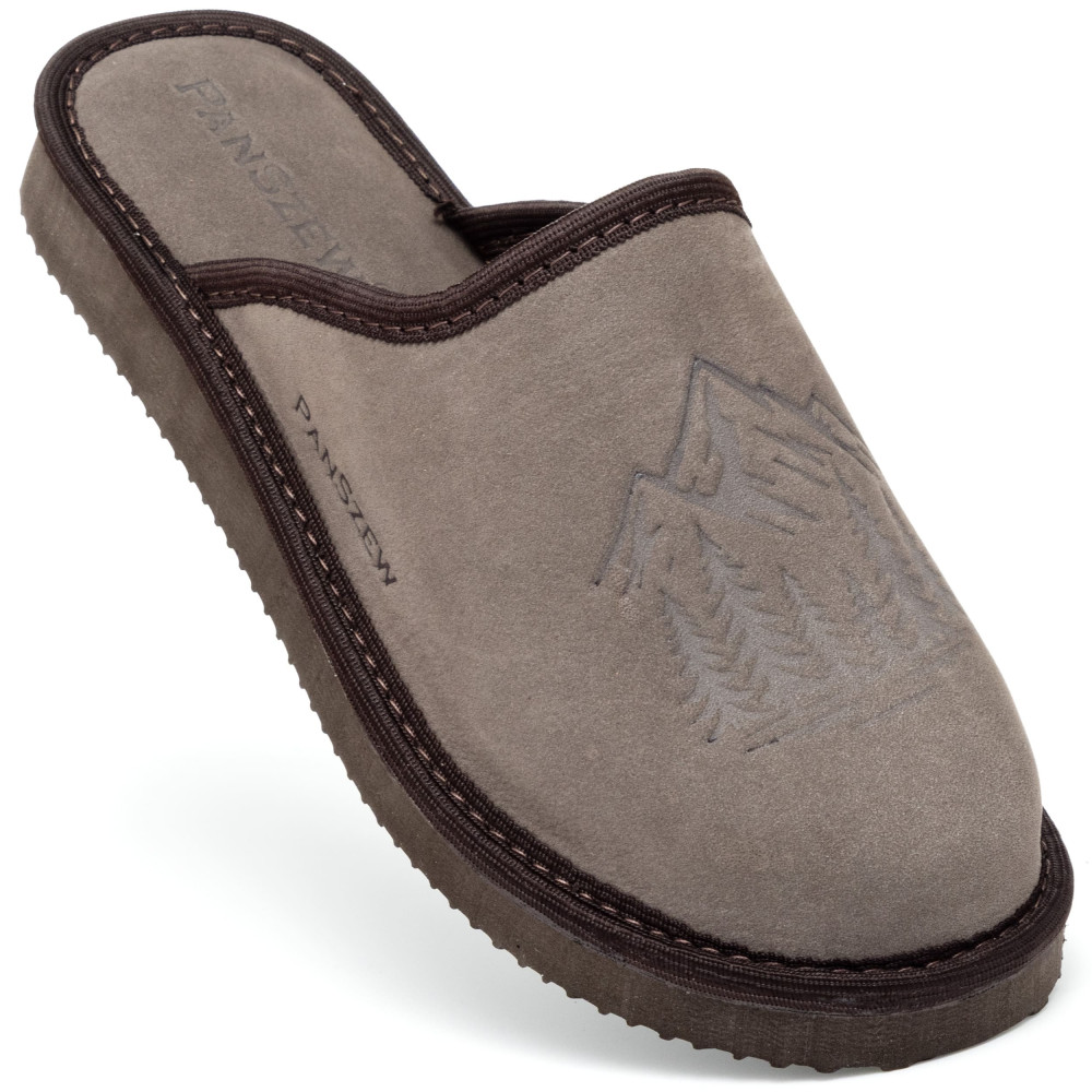 Kapcie Damskie Skórzane WILDLINE Mocha Tłoczone Góry | PanSzew®