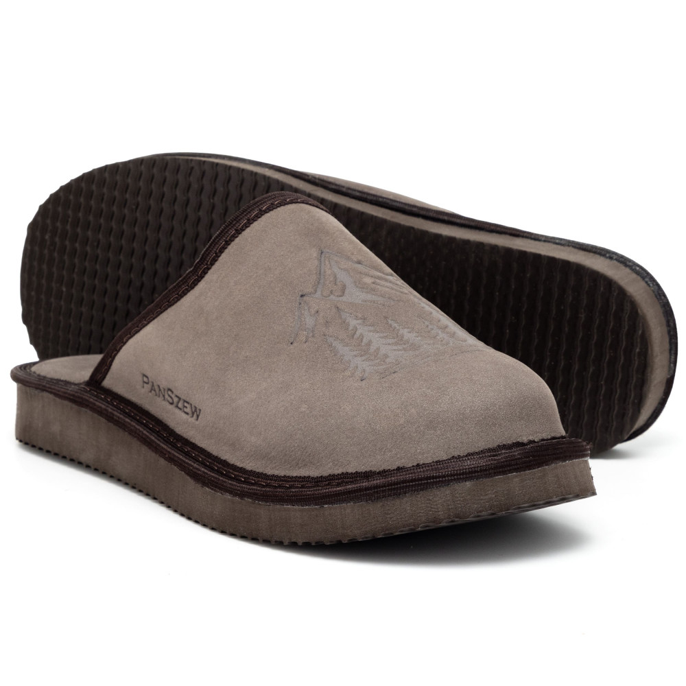 Kapcie Damskie Skórzane WILDLINE Mocha Tłoczone Góry | PanSzew®