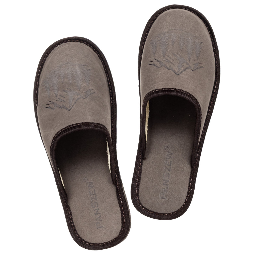 Kapcie Damskie Skórzane WILDLINE Mocha Tłoczone Góry | PanSzew®