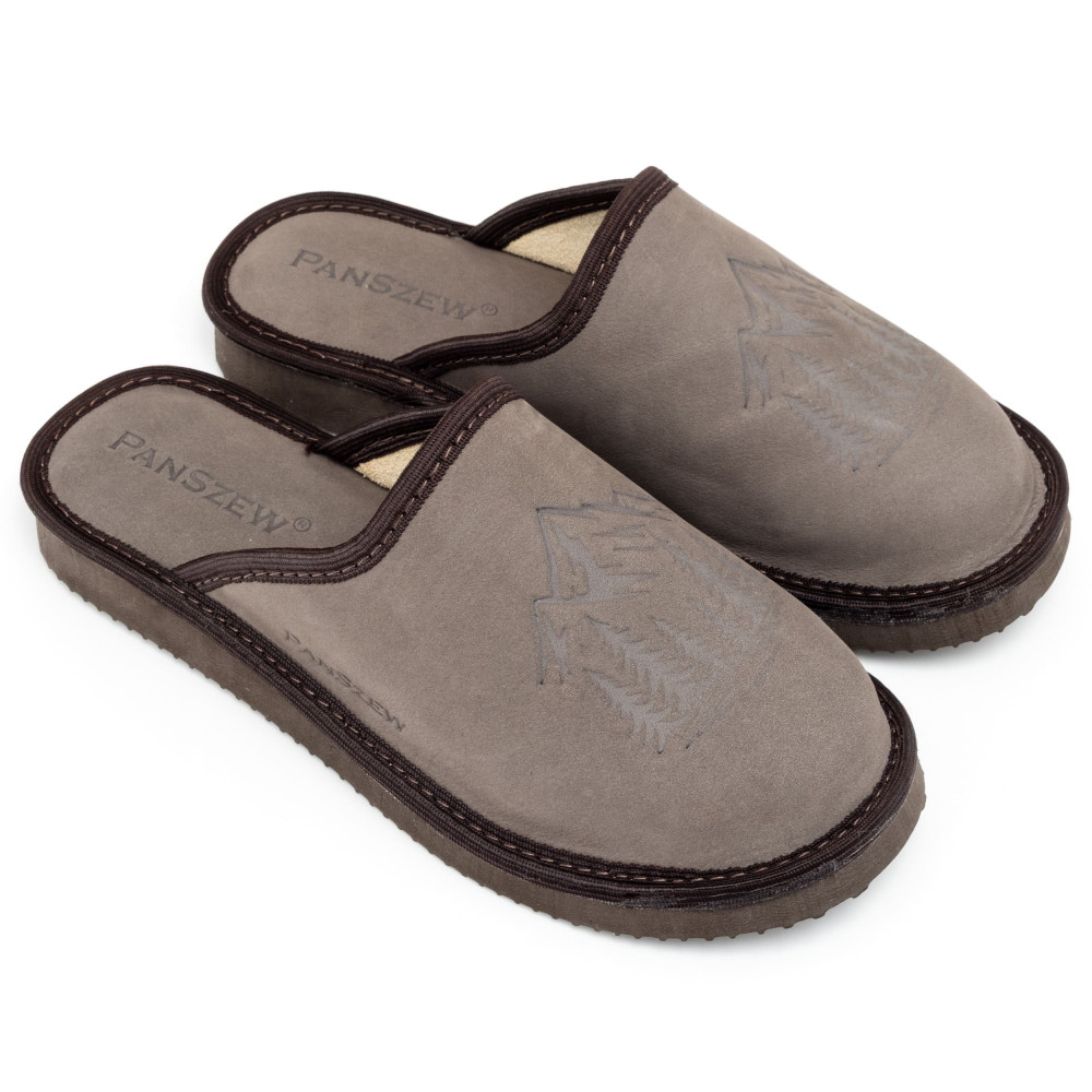 Kapcie Damskie Skórzane WILDLINE Mocha Tłoczone Góry | PanSzew®