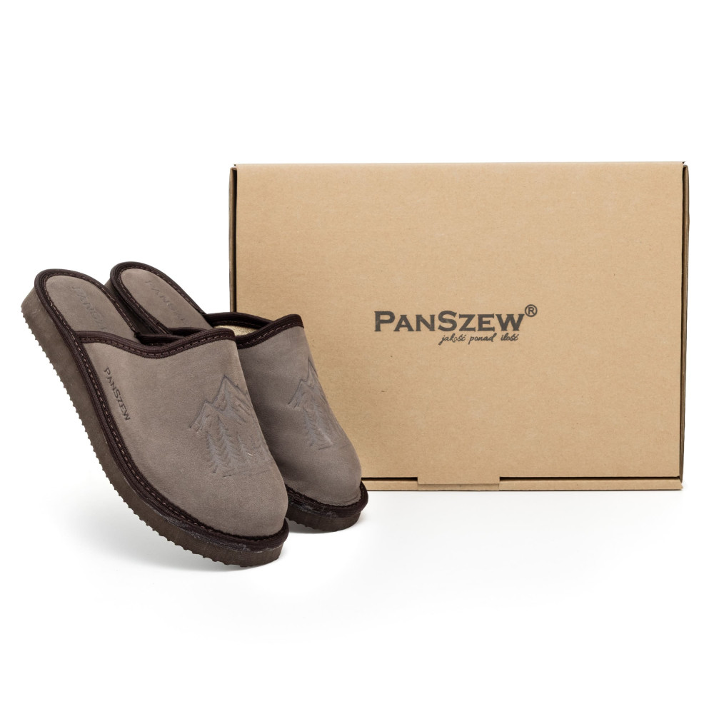 Kapcie Damskie Skórzane WILDLINE Mocha Tłoczone Góry | PanSzew®