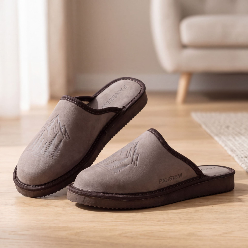 Kapcie Damskie Skórzane WILDLINE Mocha Tłoczone Góry | PanSzew®