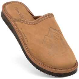 Kapcie Damskie Skórzane WILDLINE Camel Tłoczone Góry | PanSzew®