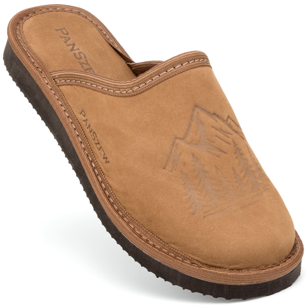 Kapcie Damskie Skórzane WILDLINE Camel Tłoczone Góry | PanSzew®