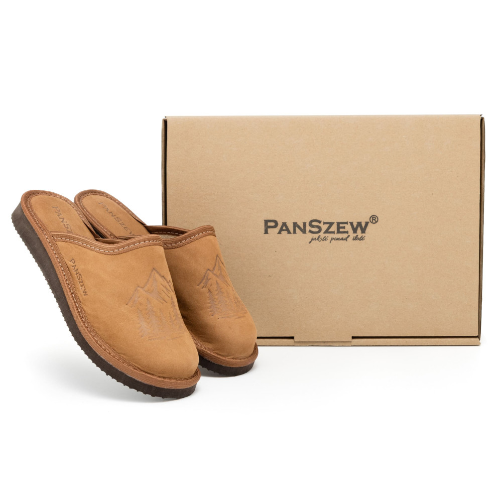 Kapcie Damskie Skórzane WILDLINE Camel Tłoczone Góry | PanSzew®