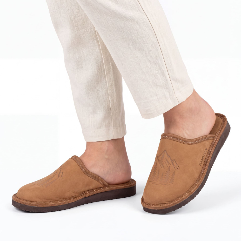 Kapcie Damskie Skórzane WILDLINE Camel Tłoczone Góry | PanSzew®