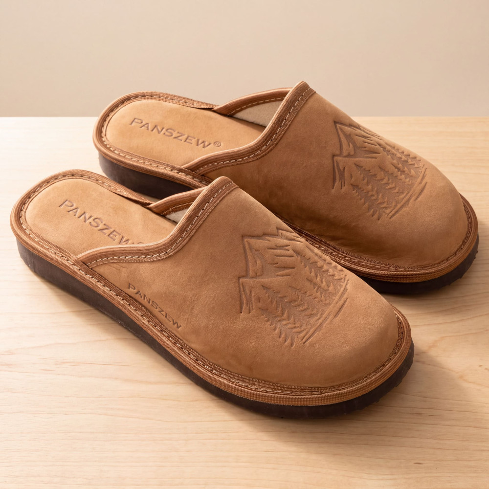Kapcie Damskie Skórzane WILDLINE Camel Tłoczone Góry | PanSzew®