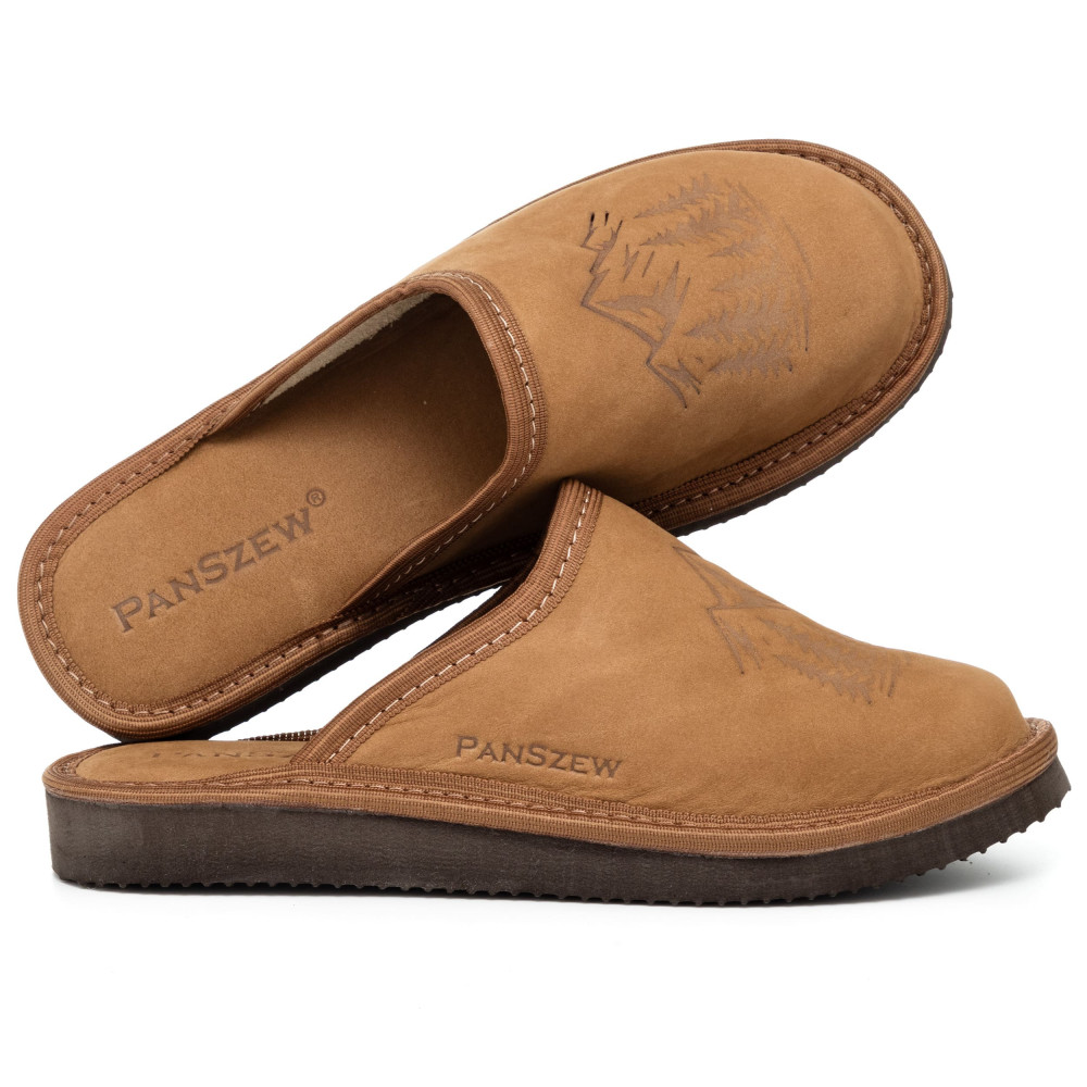 Kapcie Damskie Skórzane WILDLINE Camel Tłoczone Góry | PanSzew®