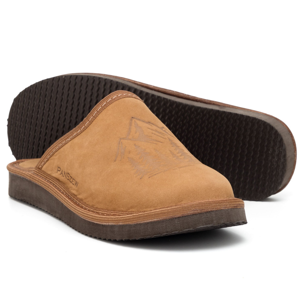 Kapcie Damskie Skórzane WILDLINE Camel Tłoczone Góry | PanSzew®