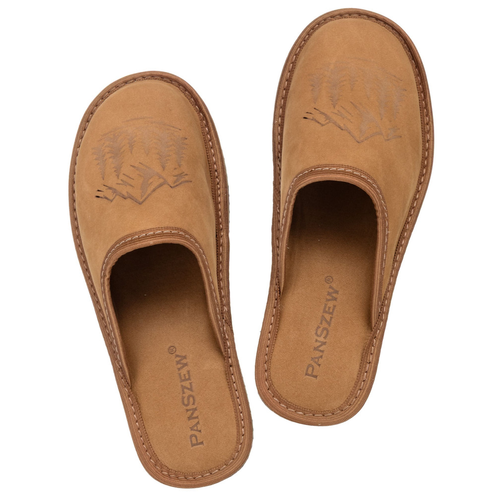 Kapcie Damskie Skórzane WILDLINE Camel Tłoczone Góry | PanSzew®