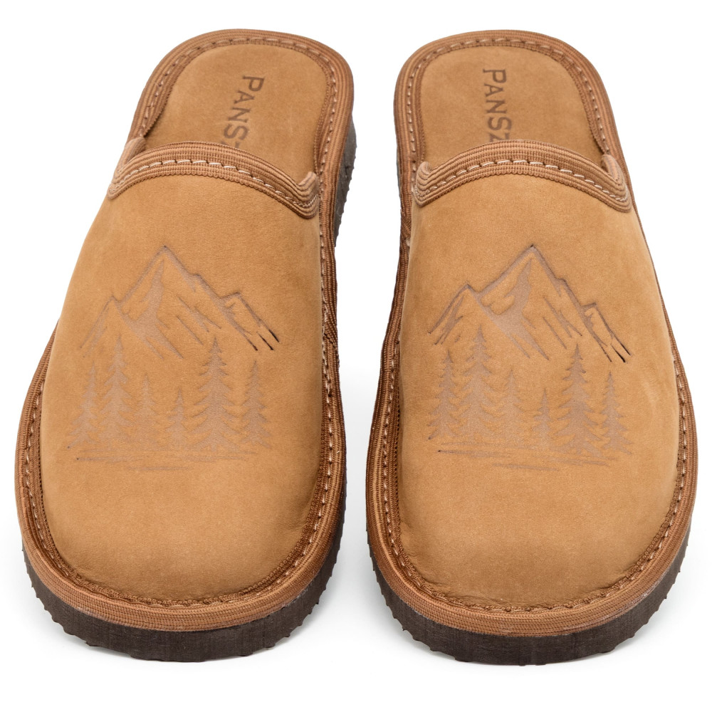 Kapcie Damskie Skórzane WILDLINE Camel Tłoczone Góry | PanSzew®
