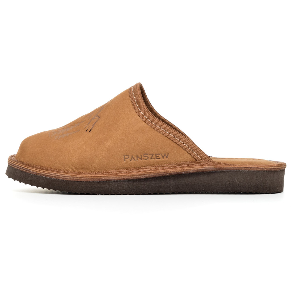 Kapcie Damskie Skórzane WILDLINE Camel Tłoczone Góry | PanSzew®
