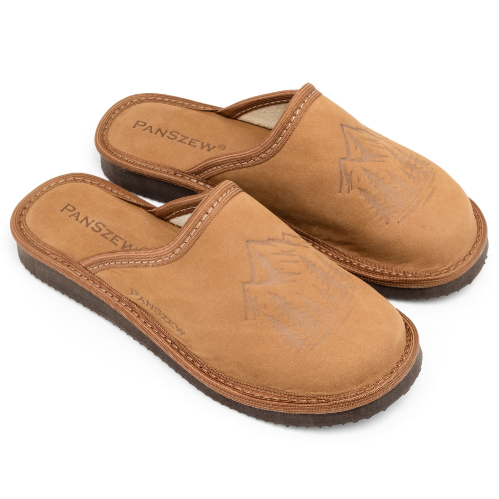Kapcie Damskie Skórzane WILDLINE Camel Tłoczone Góry | PanSzew®