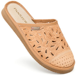 Kapcie Damskie Skórzane Ażurowe Camel | PanSzew®