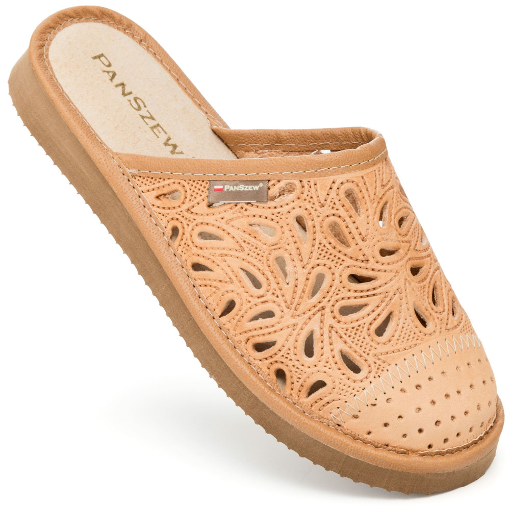 Kapcie Damskie Skórzane Ażurowe Camel | PanSzew®