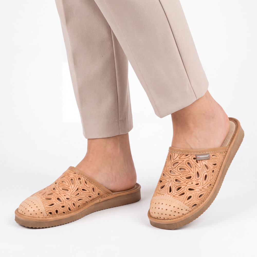 Kapcie Damskie Skórzane Ażurowe Camel | PanSzew®