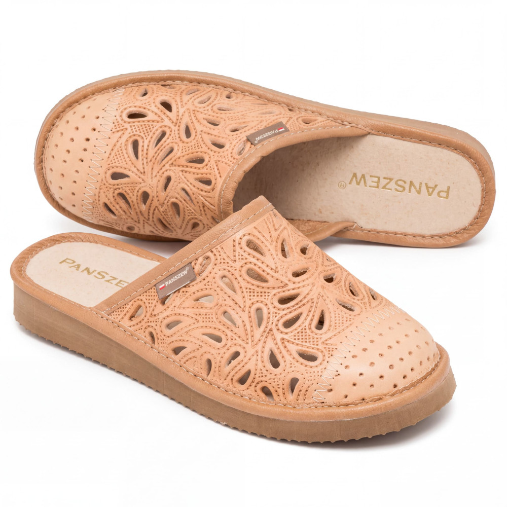 Kapcie Damskie Skórzane Ażurowe Camel | PanSzew®