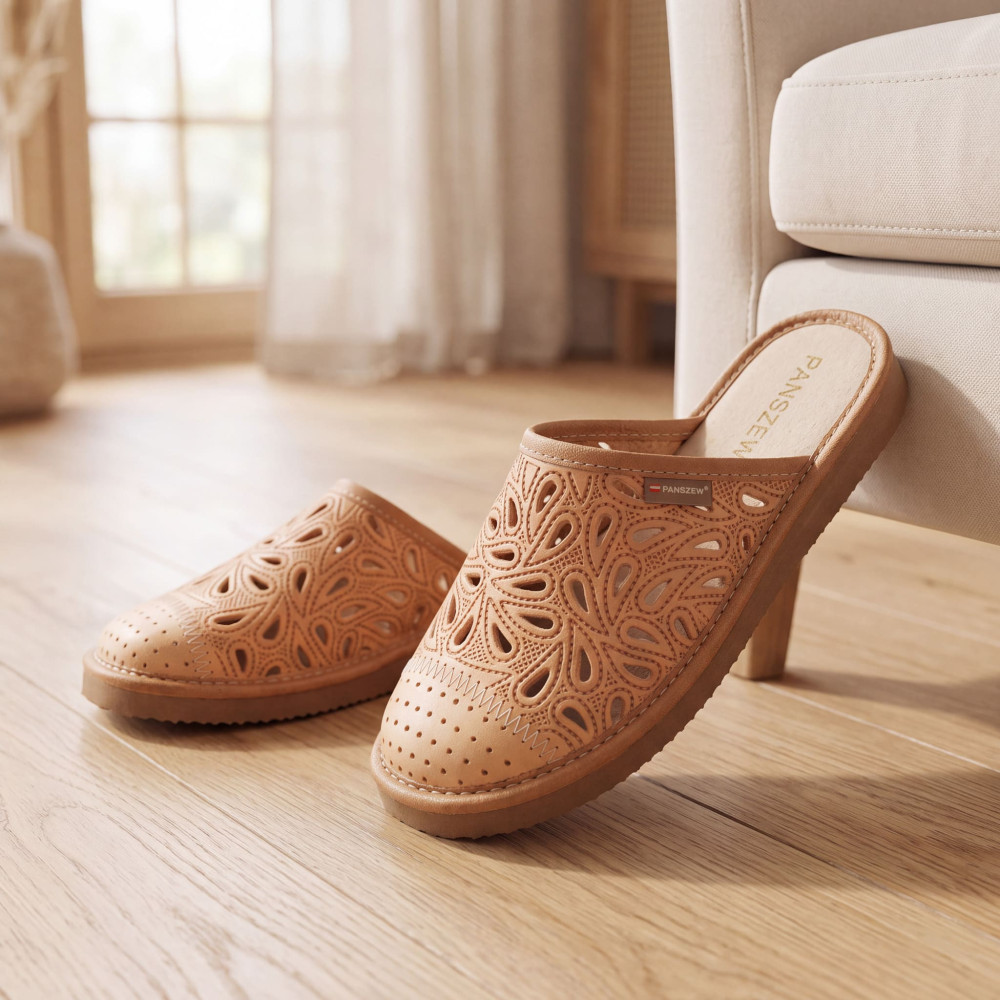 Kapcie Damskie Skórzane Ażurowe Camel | PanSzew®