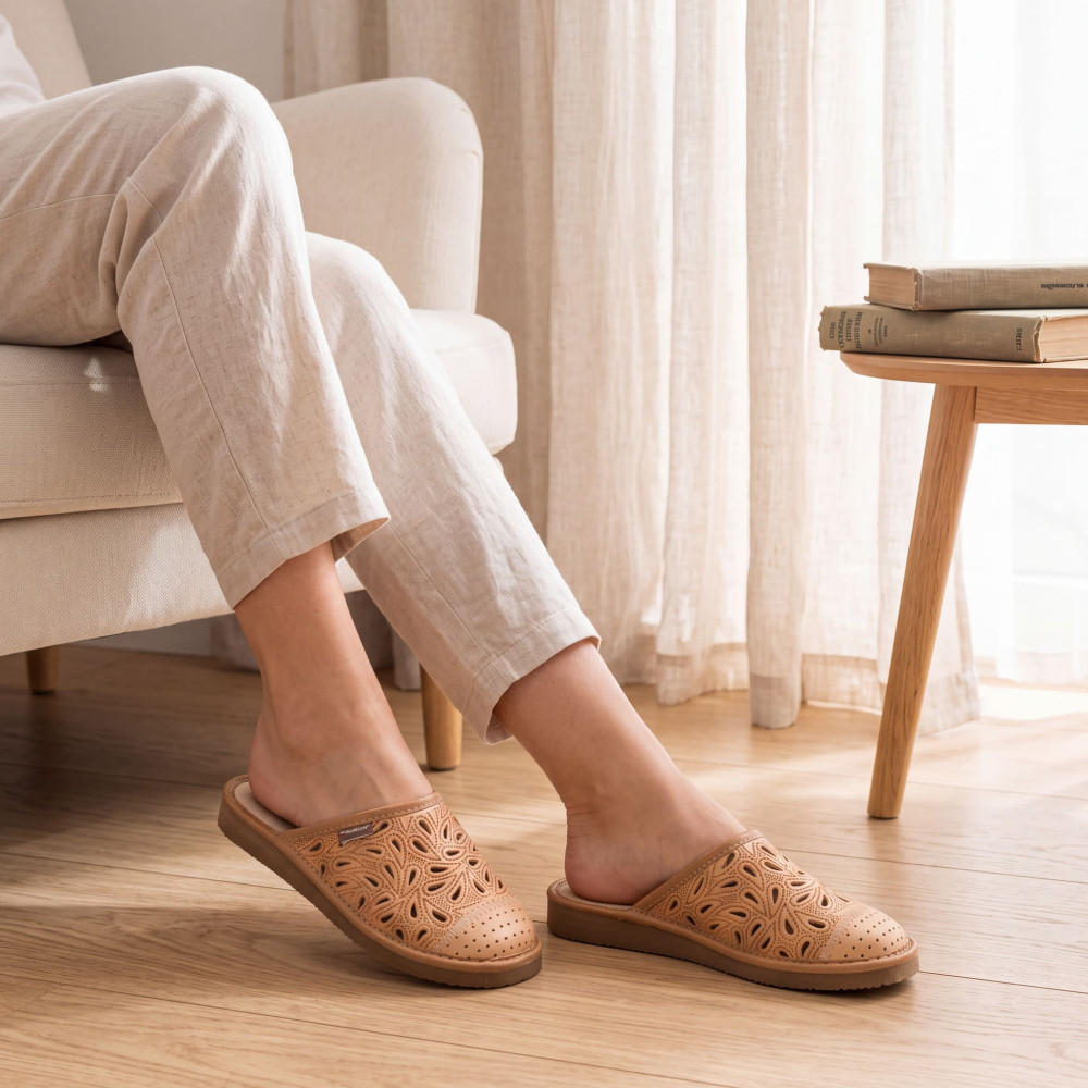 Kapcie Damskie Skórzane Ażurowe Camel | PanSzew®