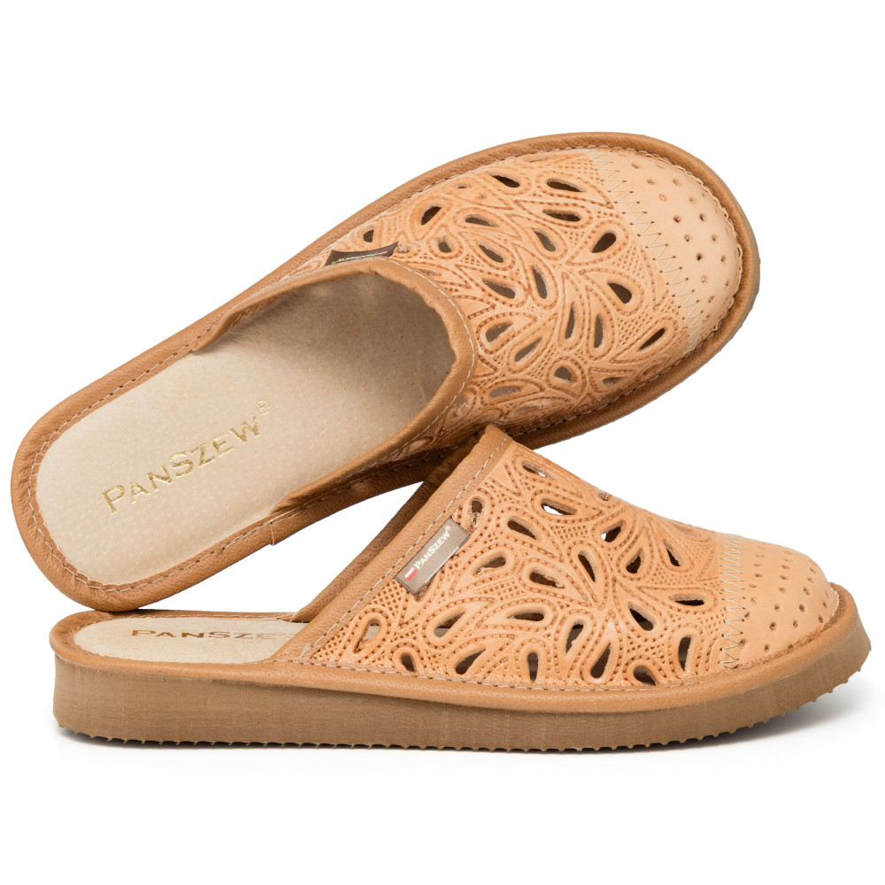 Kapcie Damskie Skórzane Ażurowe Camel | PanSzew®