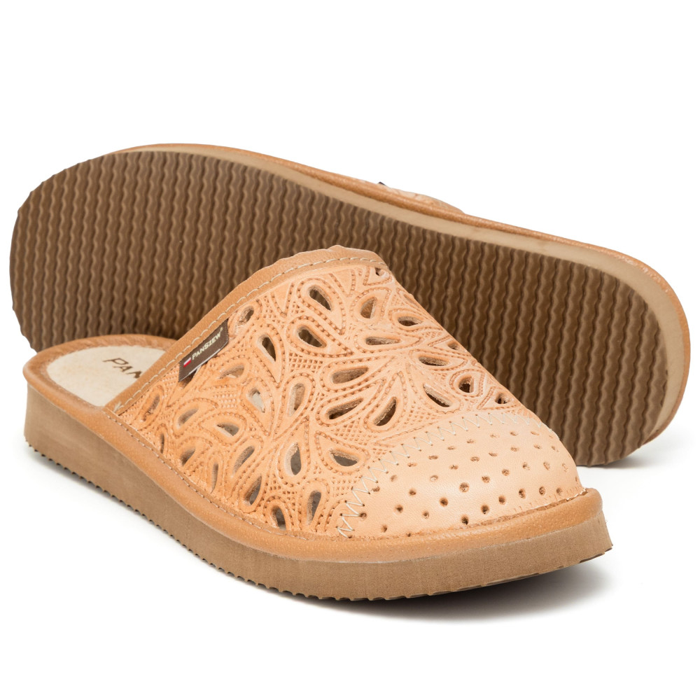 Kapcie Damskie Skórzane Ażurowe Camel | PanSzew®