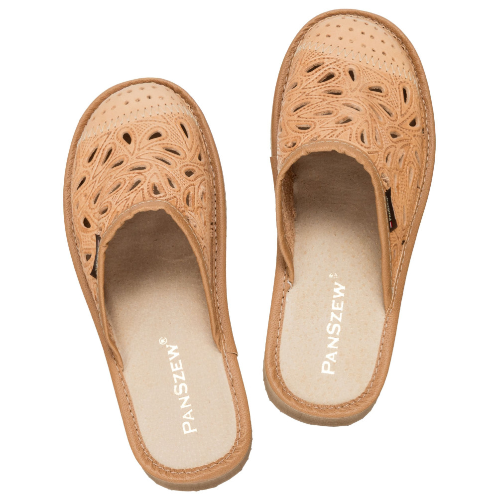 Kapcie Damskie Skórzane Ażurowe Camel | PanSzew®