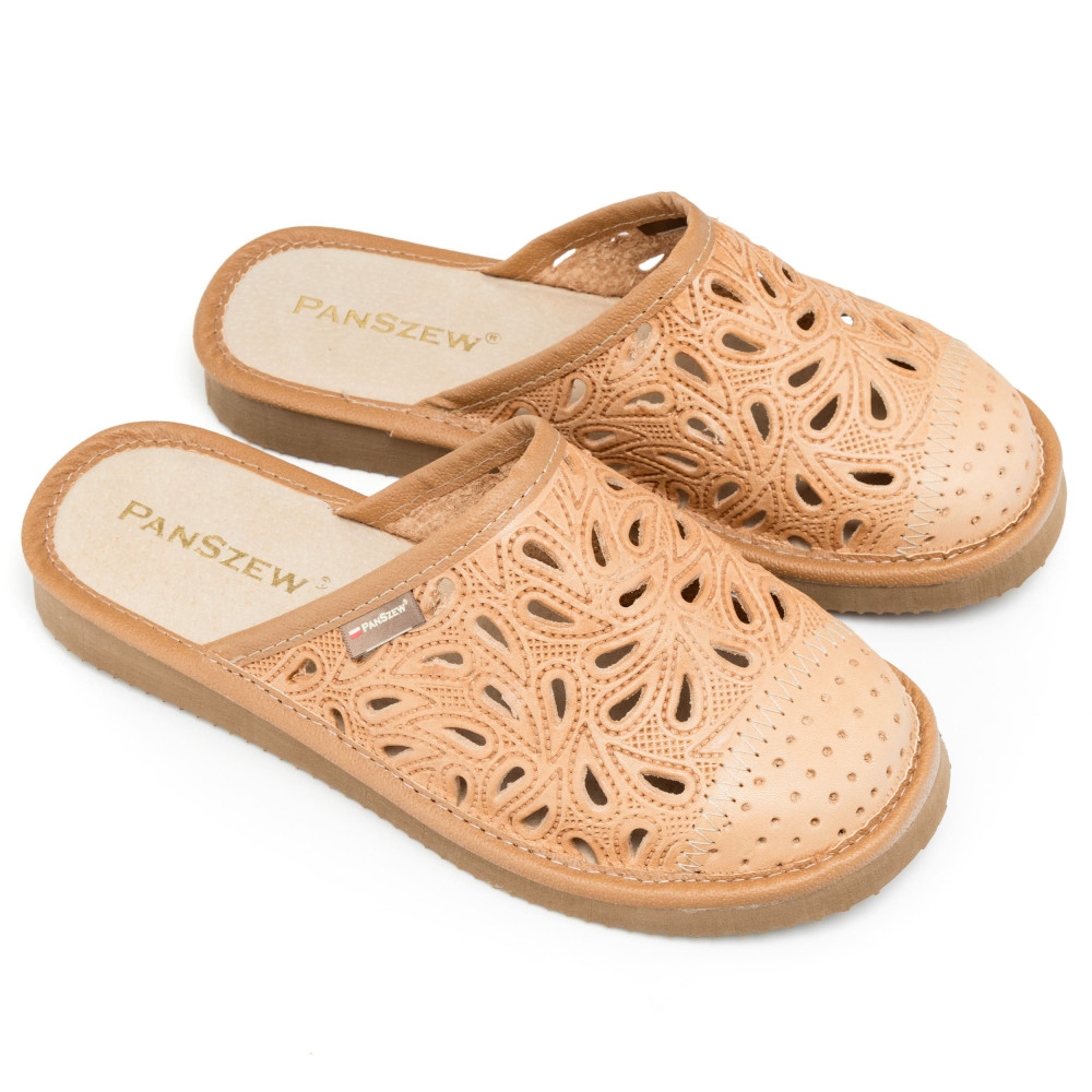 Kapcie Damskie Skórzane Ażurowe Camel | PanSzew®