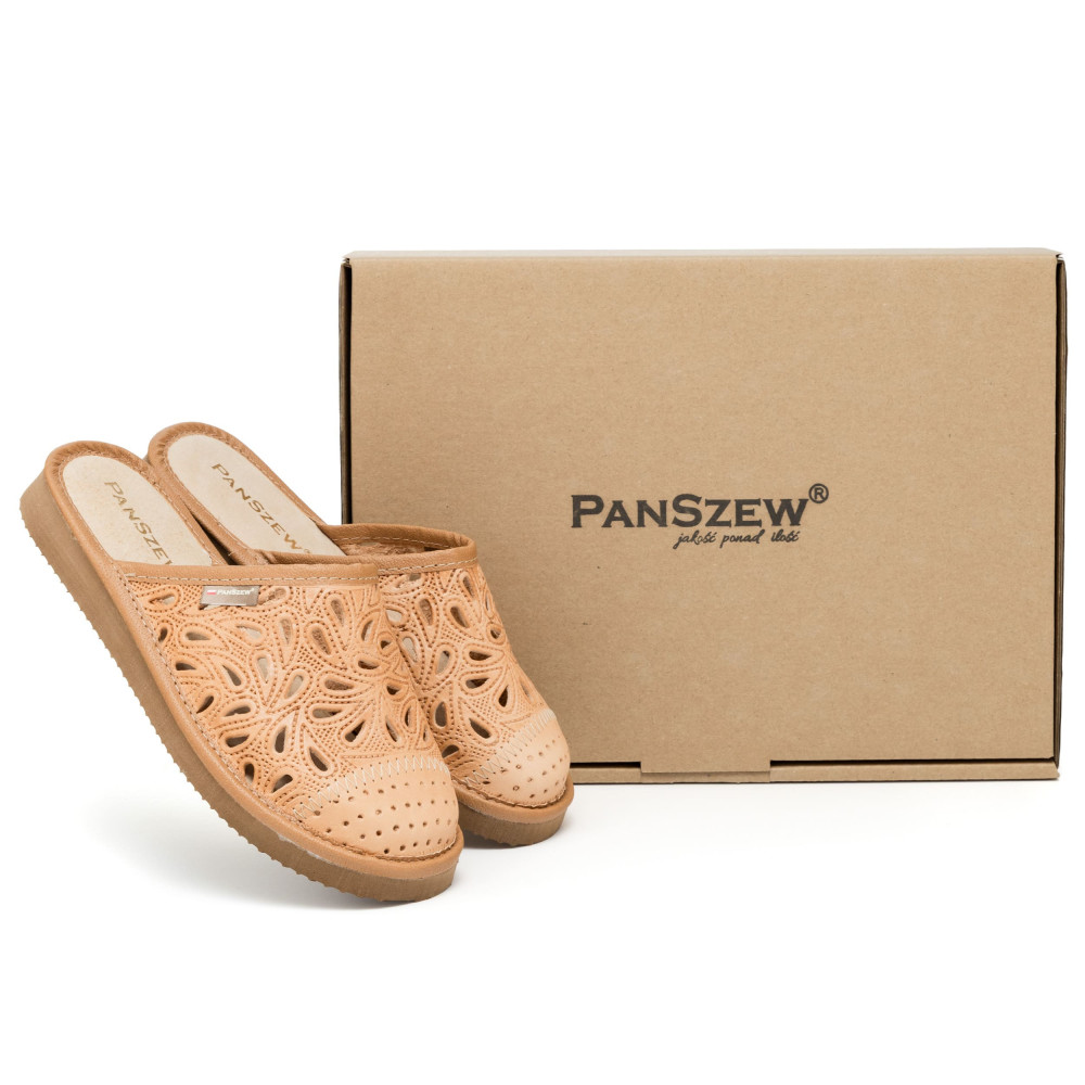Kapcie Damskie Skórzane Ażurowe Camel | PanSzew®