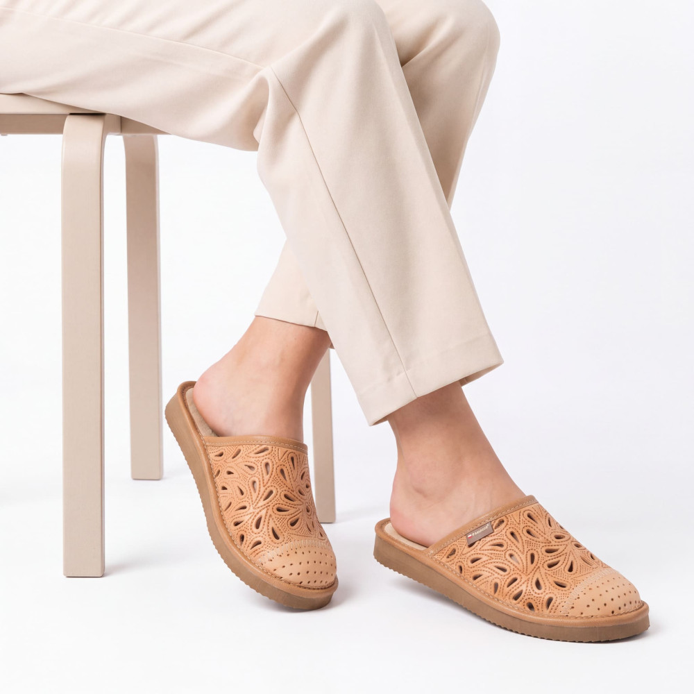 Kapcie Damskie Skórzane Ażurowe Camel | PanSzew®