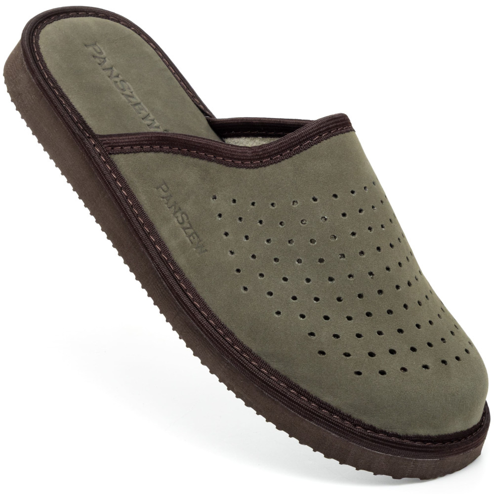 Kapcie Męskie Skórzane VENTLINE Perforowane Khaki | PanSzew®