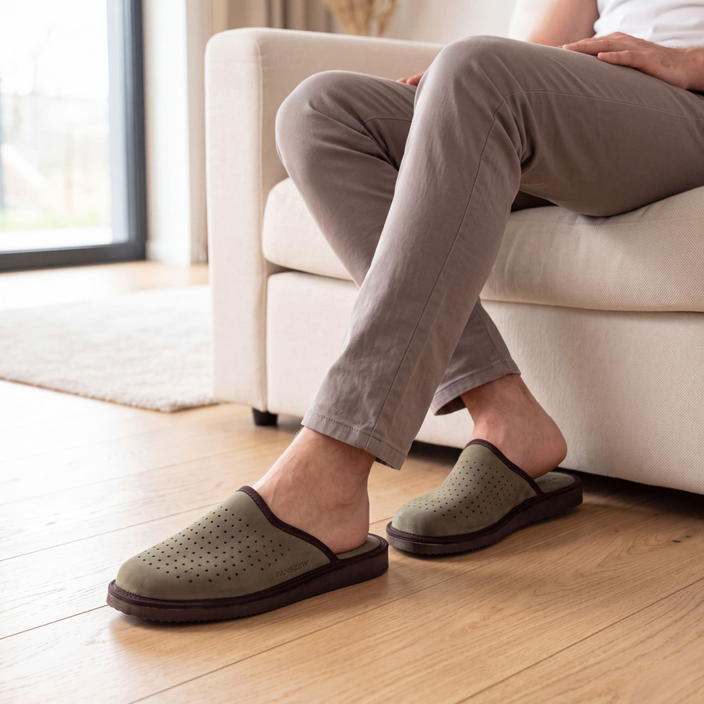 Kapcie Męskie Skórzane VENTLINE Perforowane Khaki | PanSzew®