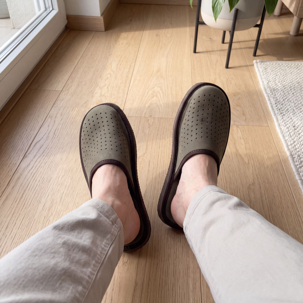 Kapcie Męskie Skórzane VENTLINE Perforowane Khaki | PanSzew®