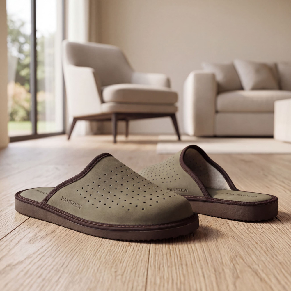 Kapcie Męskie Skórzane VENTLINE Perforowane Khaki | PanSzew®